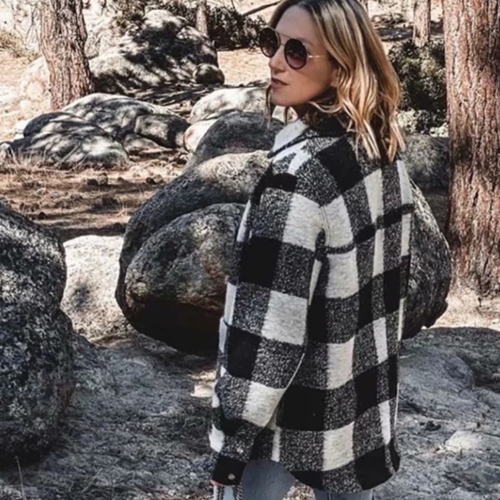 Boyfriend Fit Plaid Jacket Coat Black White - Picture 14 of 16
